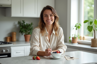 Femme souriante dégustant un bol de yaourt aux fruits