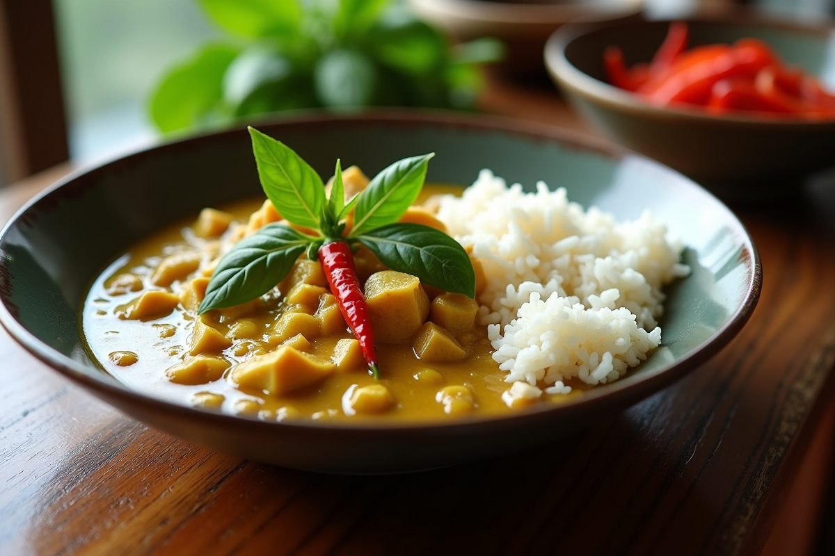 Assiette de curry vert avec riz jasmin et basilic thaï