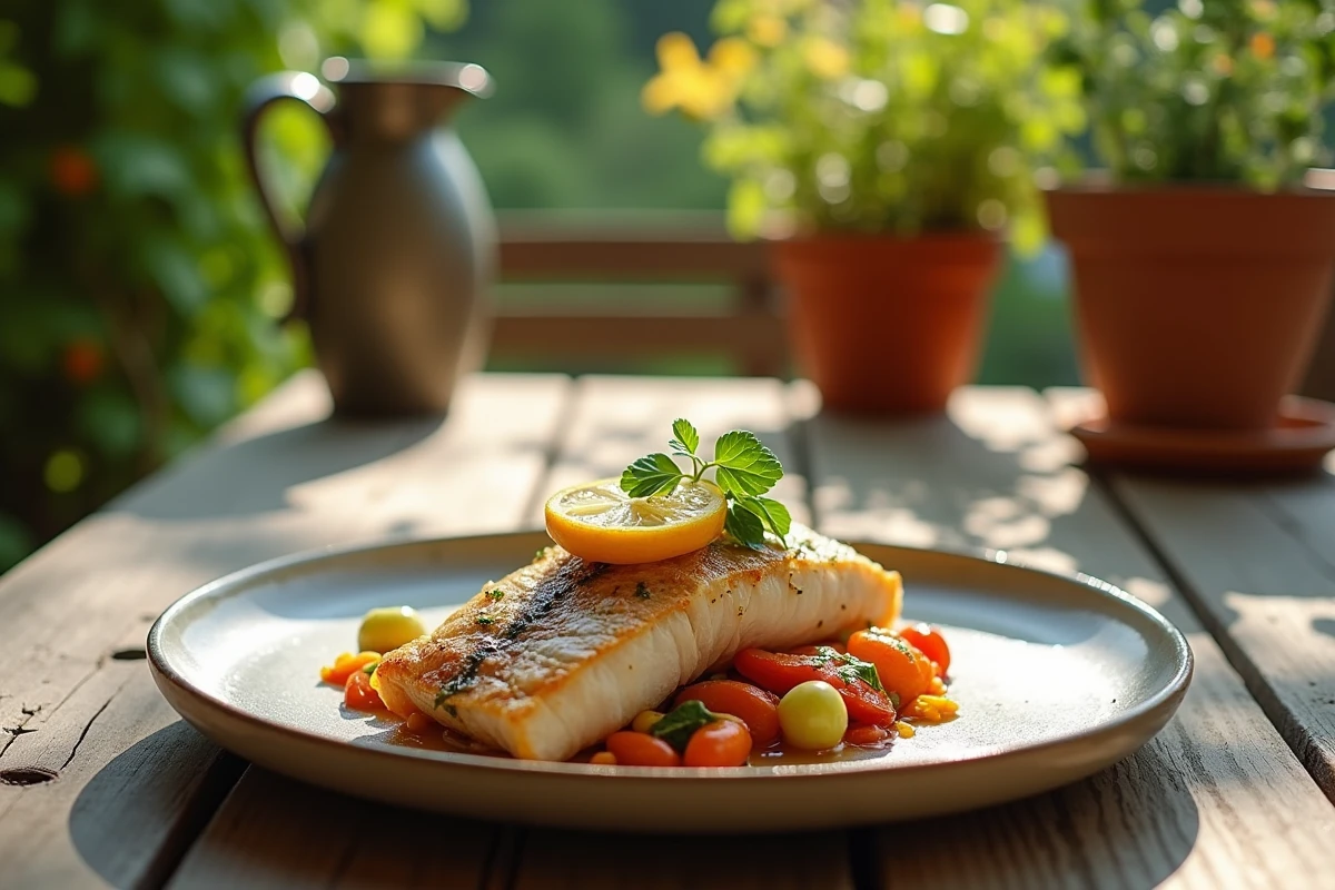 Assiette de poisson en papillote avec légumes sur table extérieure