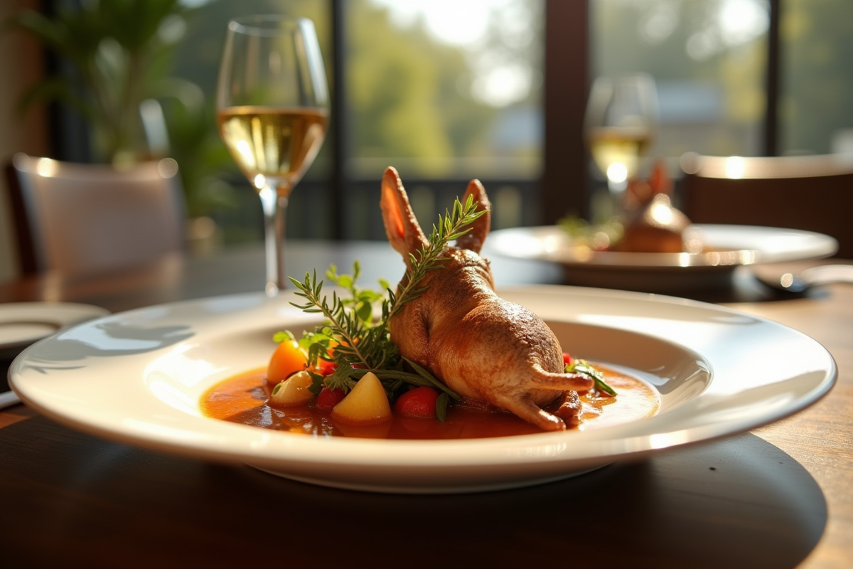 Assiette de lapin en sauce avec légumes et thym sur table moderne