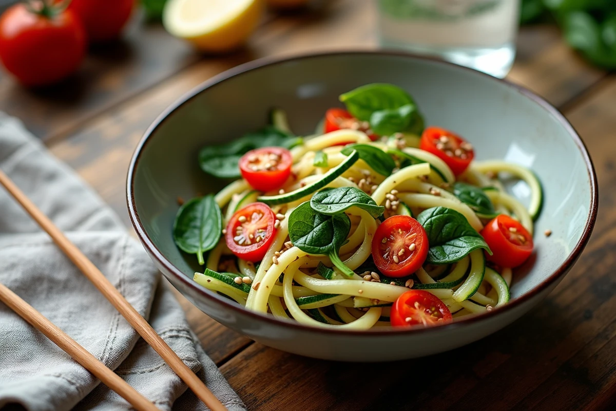 Plat léger de légumes sautés servi dans un bol en céramique sur une table en bois pour un dîner soir rapide et sain