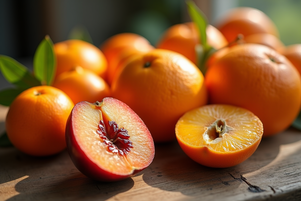 Table en bois rustique avec fruits frais oranges kumquats et prune coupée