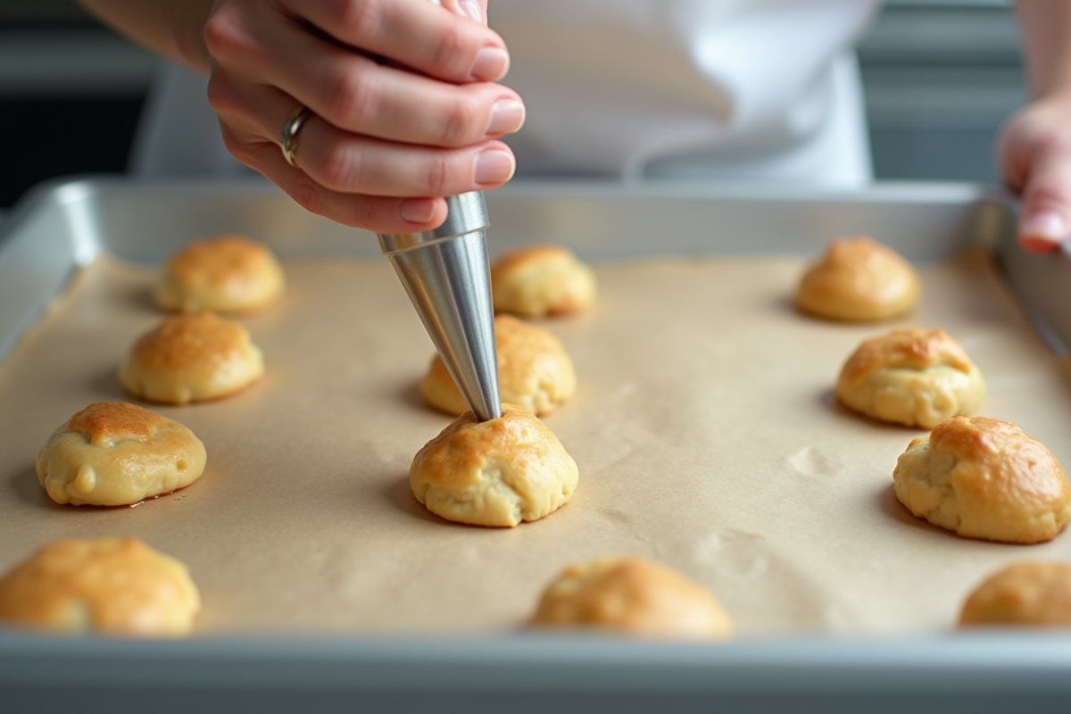 Main remplissant la pâte à choux à la poche à douille