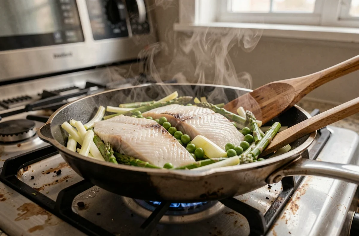 Poêle sur le feu avec du poisson blanc, des poireaux et des petits pois en train de cuire, cuisine rapide du soir
