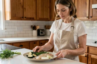 Femme préparant un repas rapide de poisson blanc avec des légumes verts dans une cuisine moderne en semaine