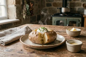 Pomme de terre au four dorée servie sur une assiette en céramique rustique avec crème fraîche et ciboulette, vue de dessus sur une table en chêne