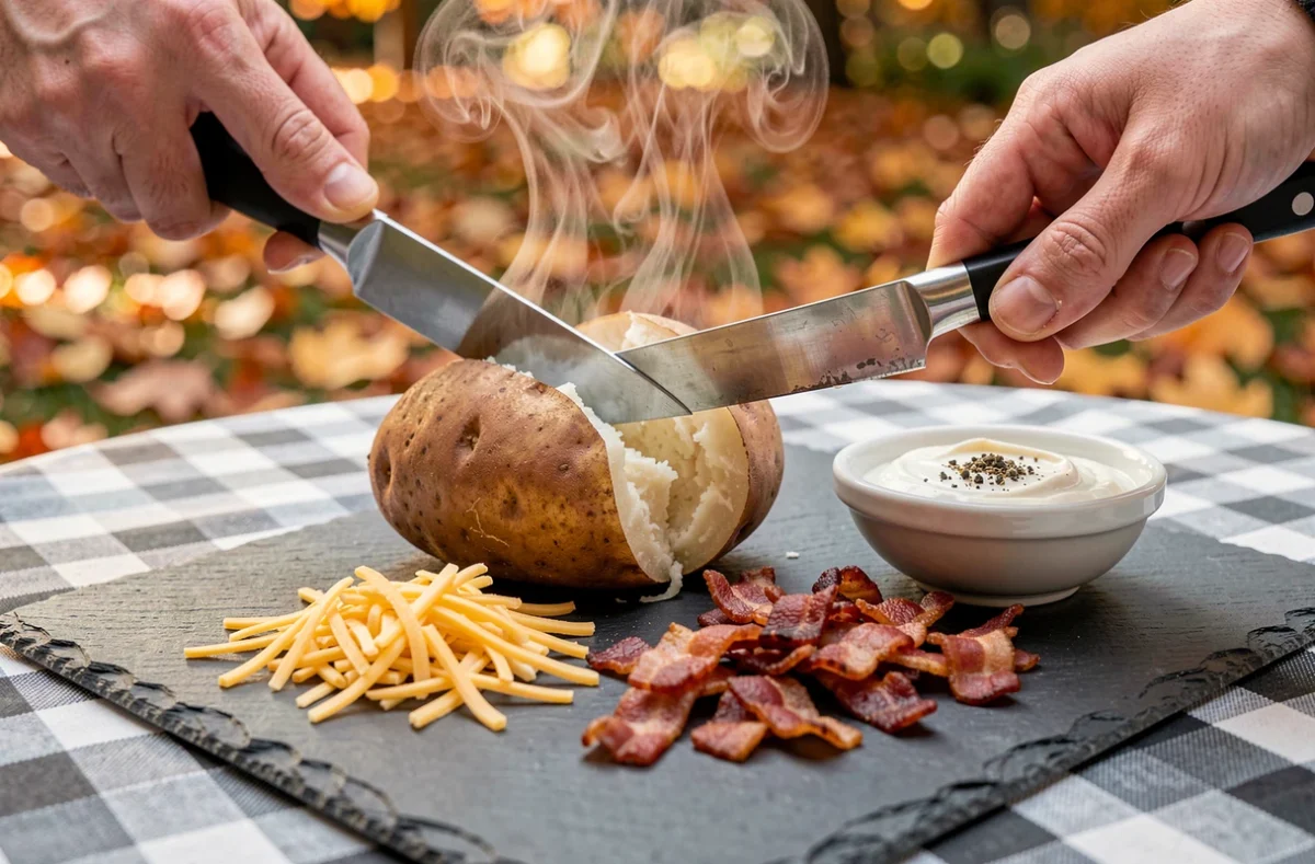 Pomme de terre au four ouverte en deux sur une ardoise avec garnitures variées, vapeur visible, sur une terrasse de jardin en automne