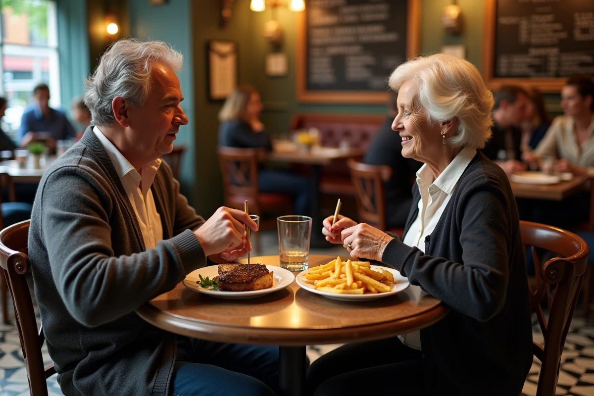 Homme adulte et femme âgée attablés dans une brasserie française avec des portions de frites adaptées à leur appétit