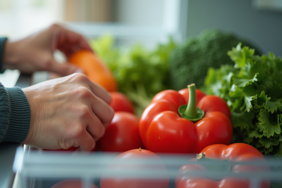 Mains plaçant des légumes frais en V dans un réfrigérateur