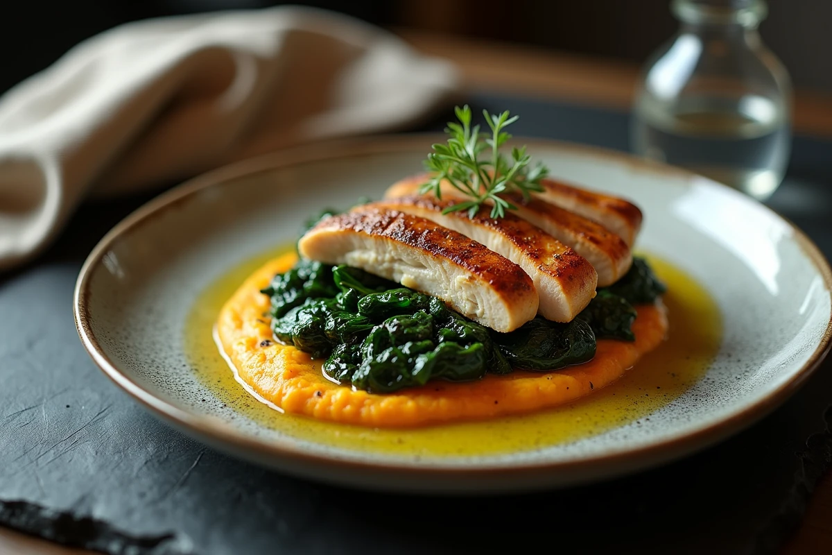 Assiette de poulet poêlé sans gluten sur purée de patate douce et épinards en restaurant gastronomique