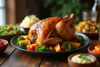 Poulet rôti sur une table rustique avec légumes colorés