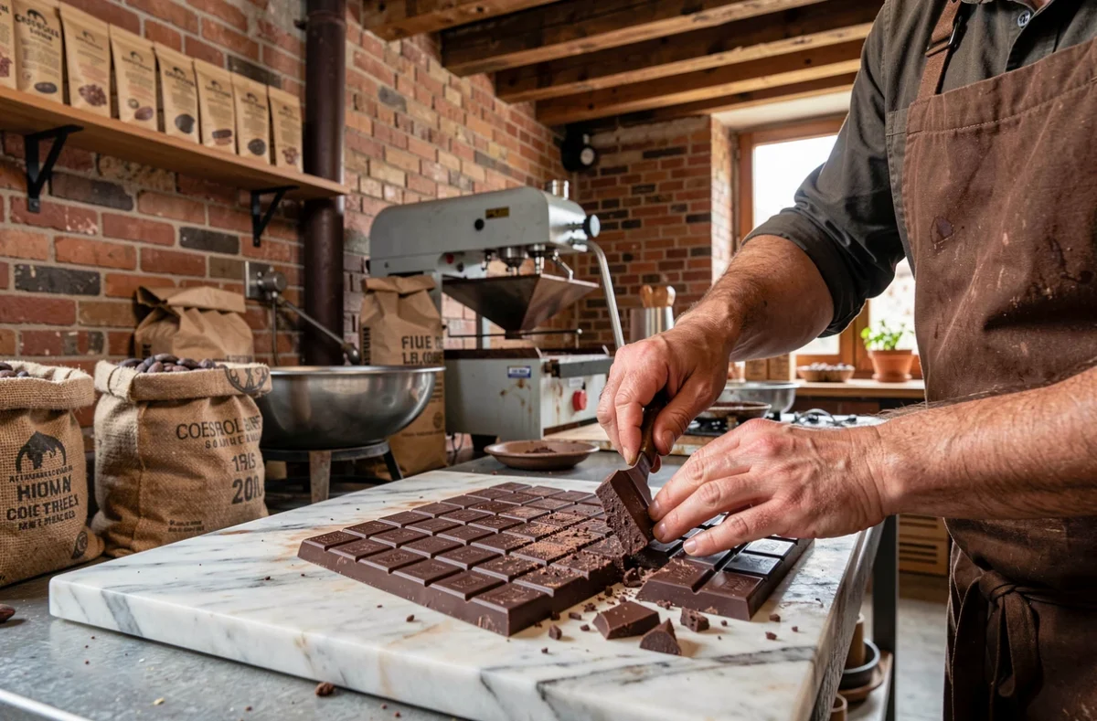 Artisan chocolatier travaillant le chocolat bean to bar chez Pralus Lyon Croix-Rousse