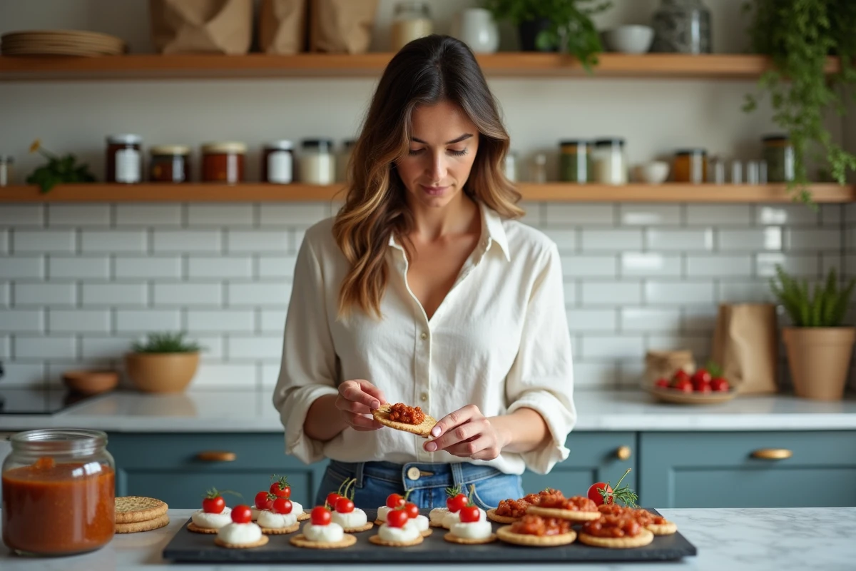 Femme préparant des bouchées apéritives de dernière minute dans une cuisine moderne parisienne