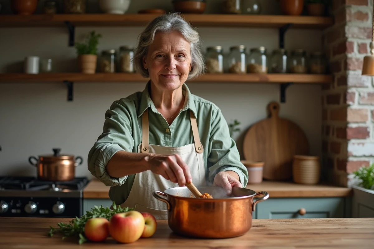 Femme préparant une pâte de fruit à la pomme artisanale dans une casserole en cuivre dans une cuisine rustique