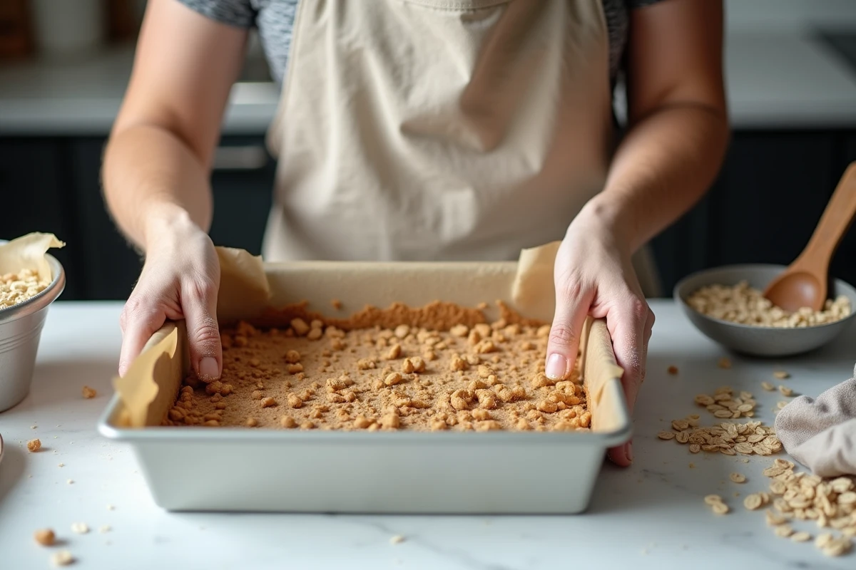 Femme préparant des barres de céréales maison à l'avoine et beurre de cacahuète en pressant le mélange dans un moule