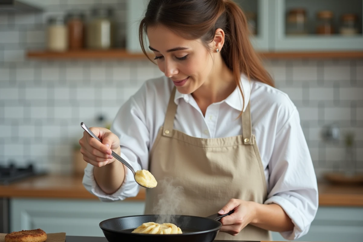 Femme préparant des beignets à la banane dans une poêle en fonte dans une cuisine moderne