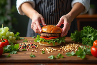 Chef préparant un burger végétal avec légumes colorés