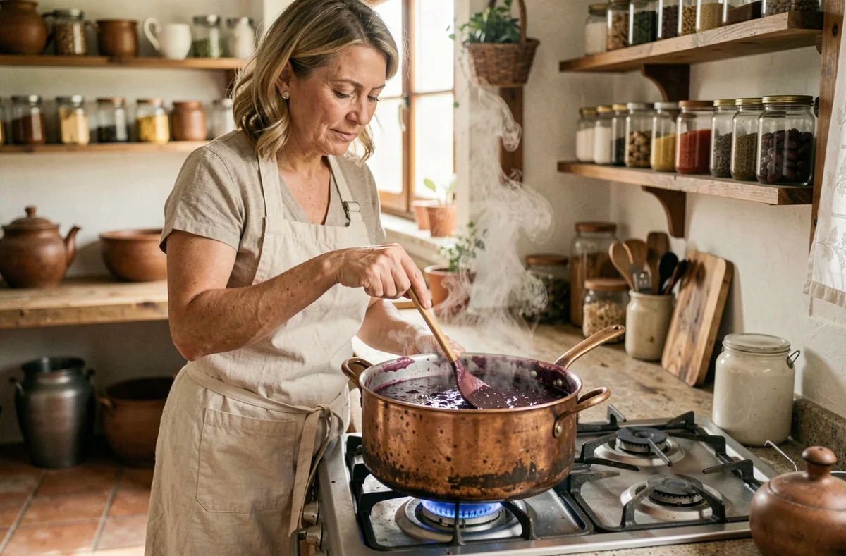 Femme préparant de la confiture de prunes dans une casserole en cuivre sur une cuisinière ancienne