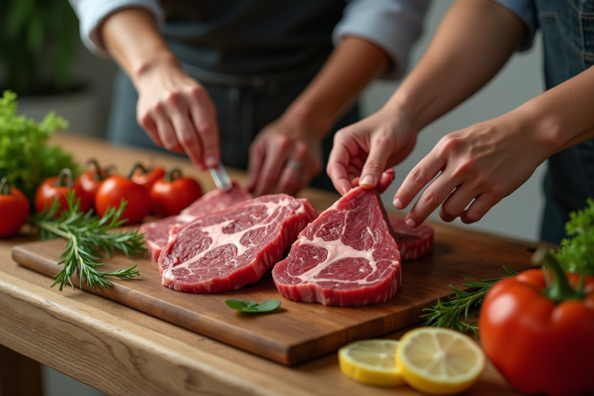 Deux personnes préparant une côte de bœuf à la maison