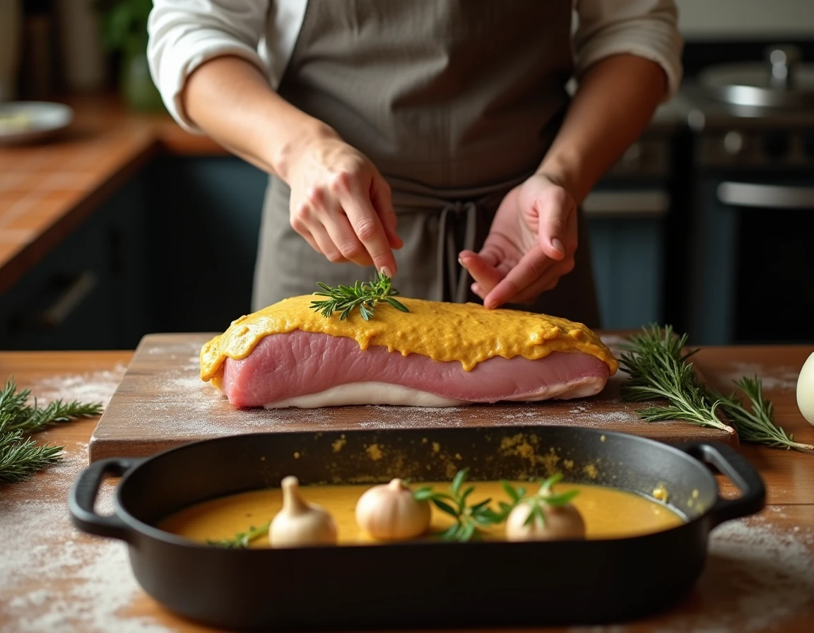 Préparation d'un filet mignon badigeonné de moutarde à l'ancienne avant cuisson en cocotte dans une cuisine française