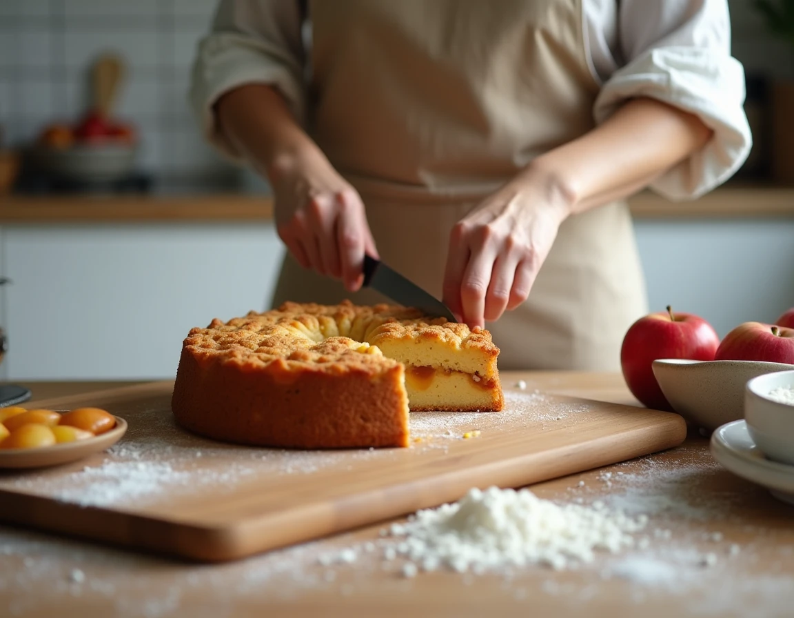 Femme découpant un gâteau à la compote de pomme maison dans une cuisine moderne, révélant un cœur moelleux et doré