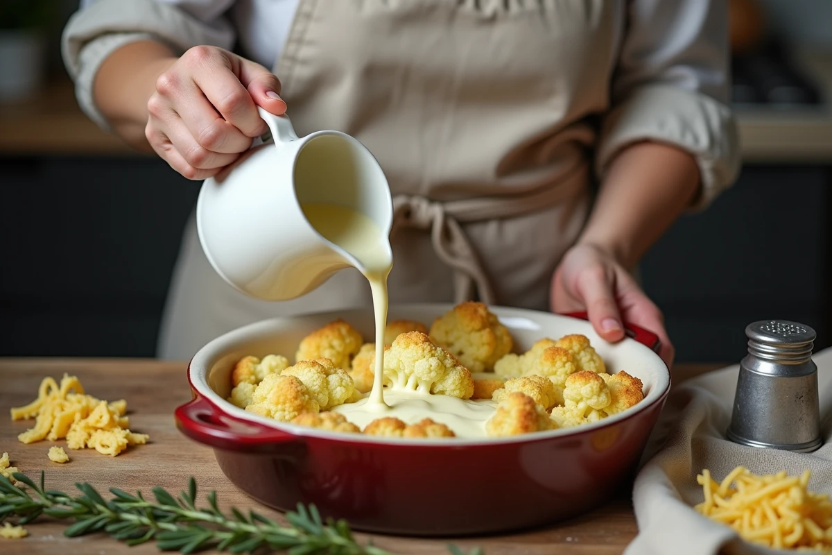 Femme versant de la crème fraîche sur un gratin de chou-fleur et pommes de terre cru avant la cuisson au four
