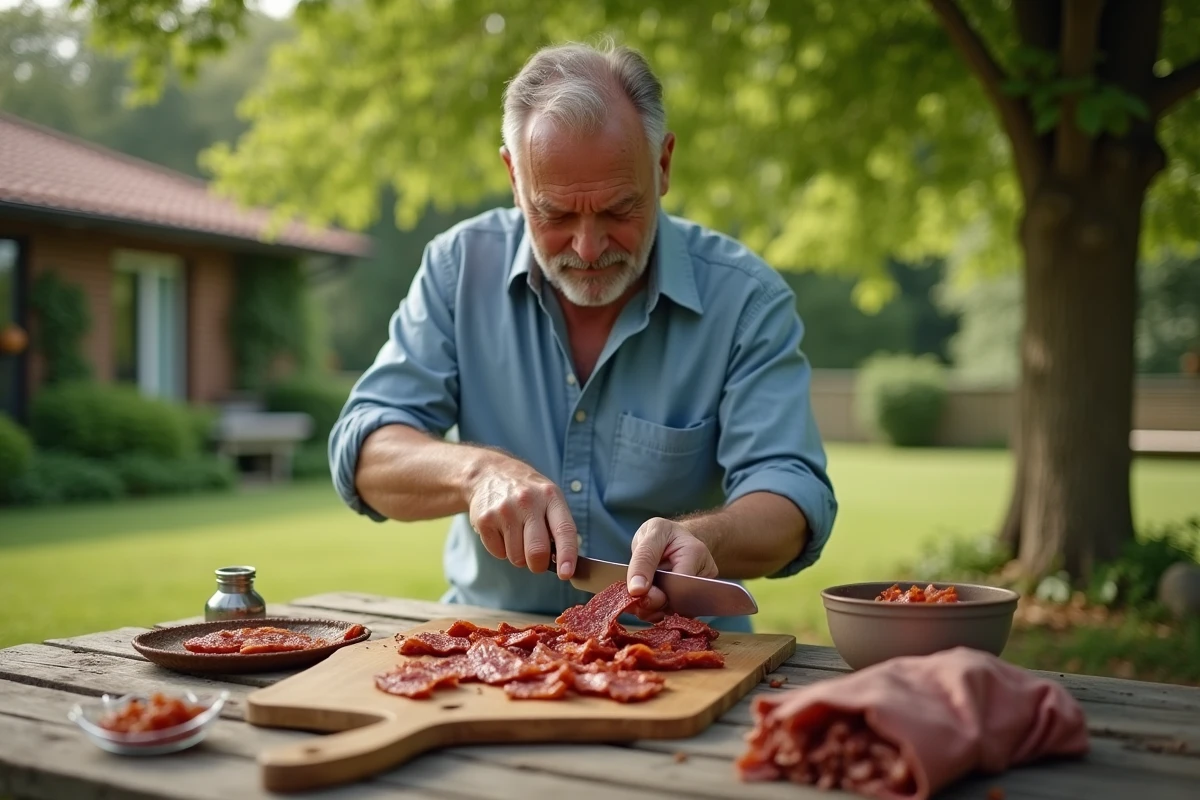 Homme coupant du jerky sur une table en plein air