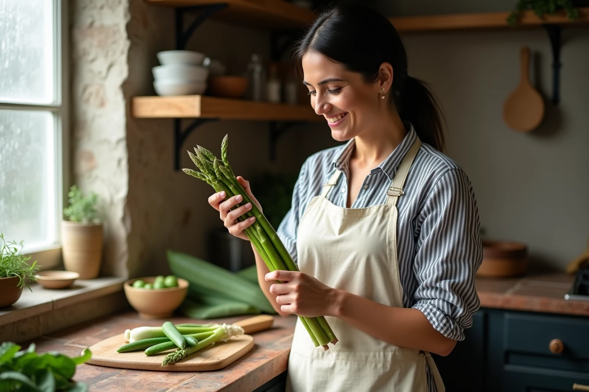 Femme préparant des légumes de saison de printemps en cuisine rustique, avec asperges, petits pois et poireaux nouveaux en avril