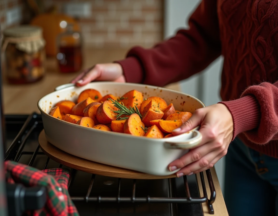 Femme en pull bordeaux glissant un plat de patates douces assaisonnées dans un four, cuisine moderne décorée pour les fêtes