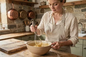 Femme préparant une pâte à crêpes lisse dans un bol en céramique dans une cuisine rustique française
