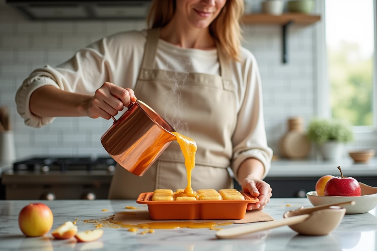 Femme versant de la pâte de fruit à la pomme dans un moule en silicone sur un plan de travail en marbre dans une cuisine moderne