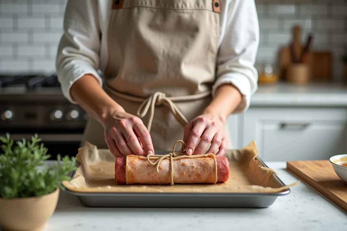 Femme préparant des paupiettes de porc allégées avant cuisson au four dans une cuisine familiale