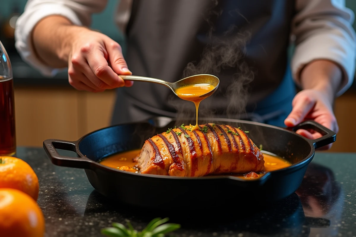 Chef nappant un magret de canard d'une sauce au cognac et à l'orange dans une poêle en fonte, vapeur visible