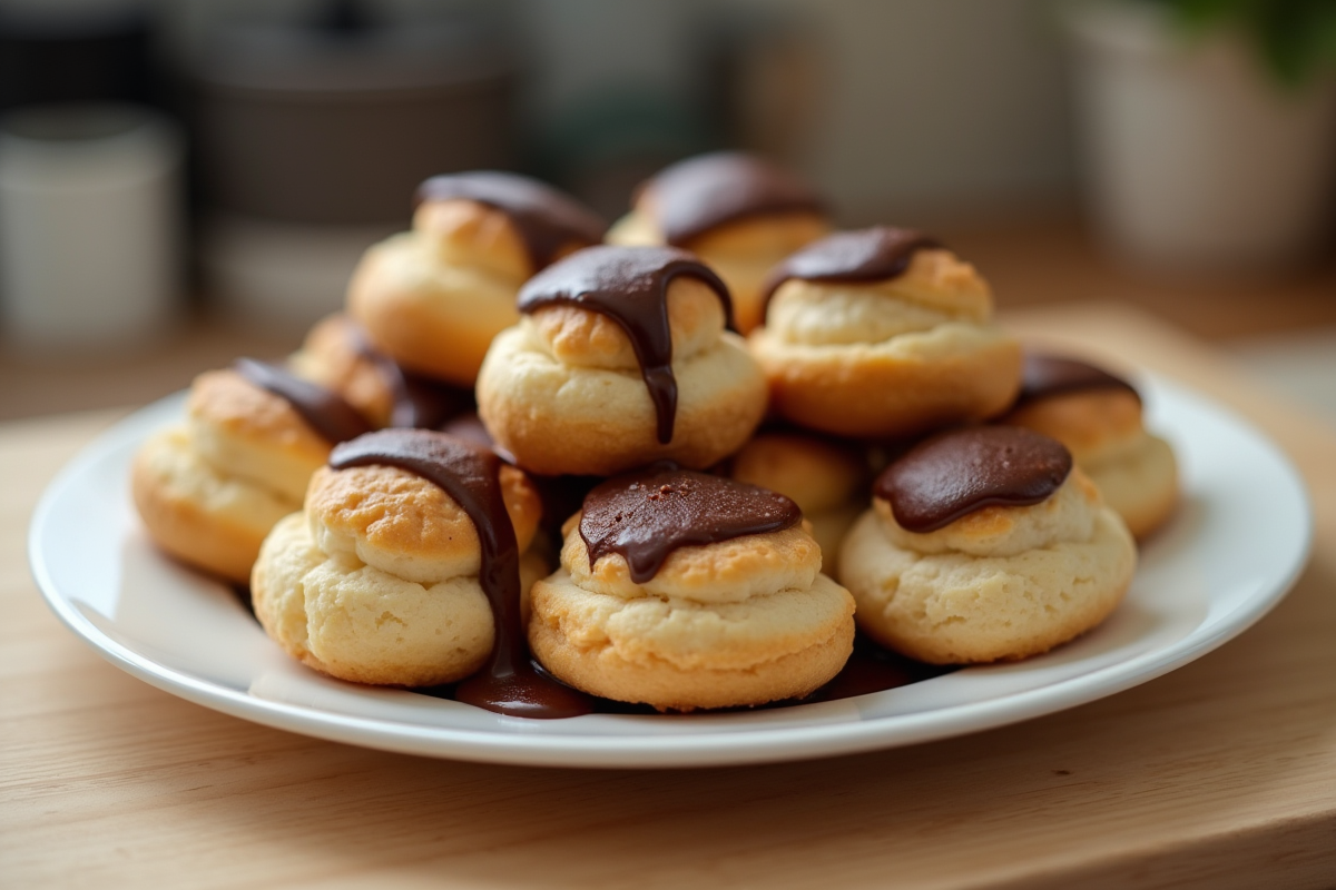 Profiteroles maison avec sauce chocolat sur une assiette blanche