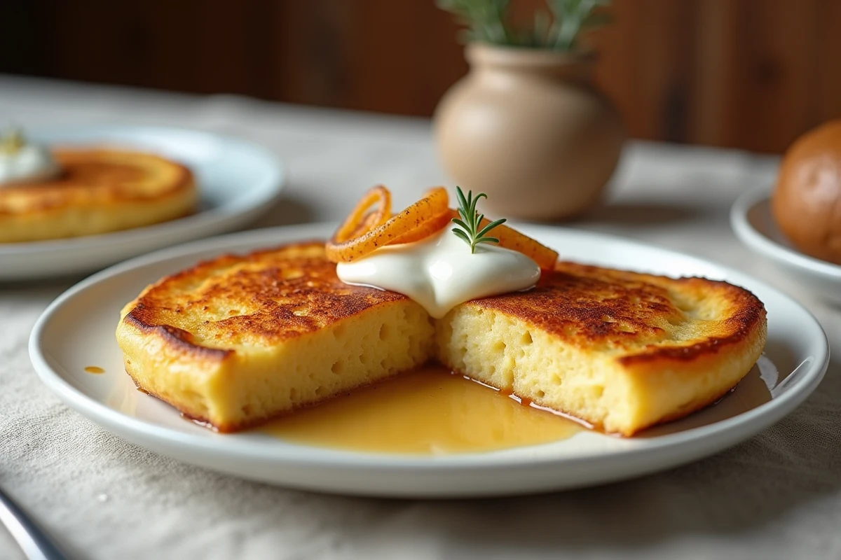 Rapée de pommes de terre dorée et croustillante dressée dans une assiette blanche avec crème fraîche et oignons caramélisés