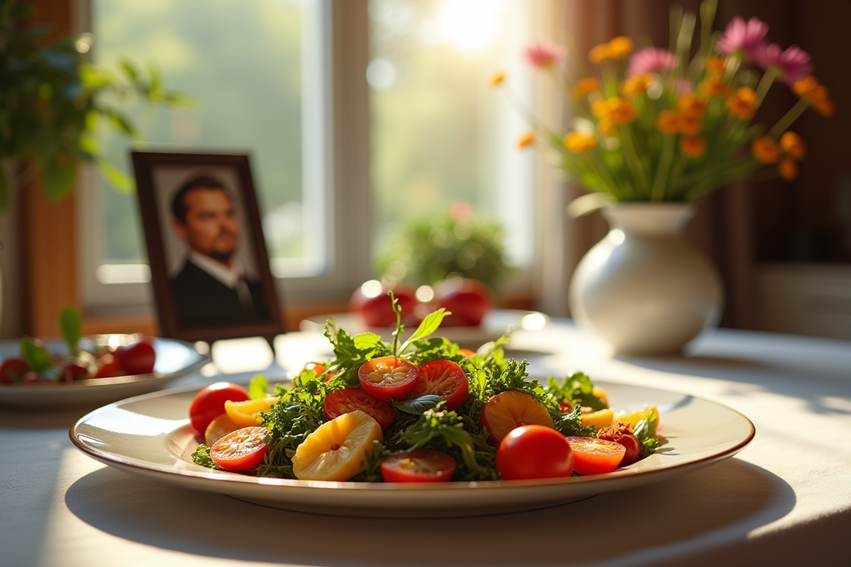 Repas végétarien coloré sur une table lumineuse