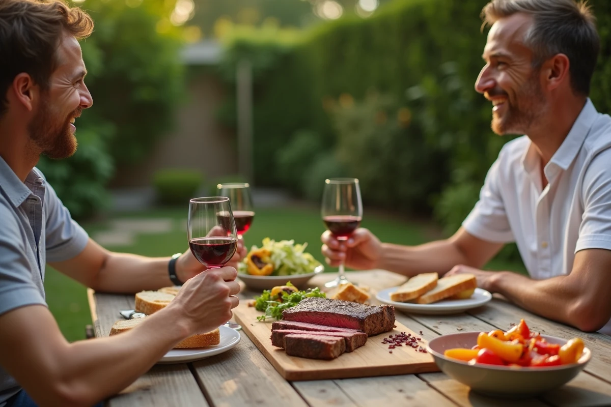 Couple partageant un steak California en plein air avec des accompagnements variés lors d'un repas de week-end