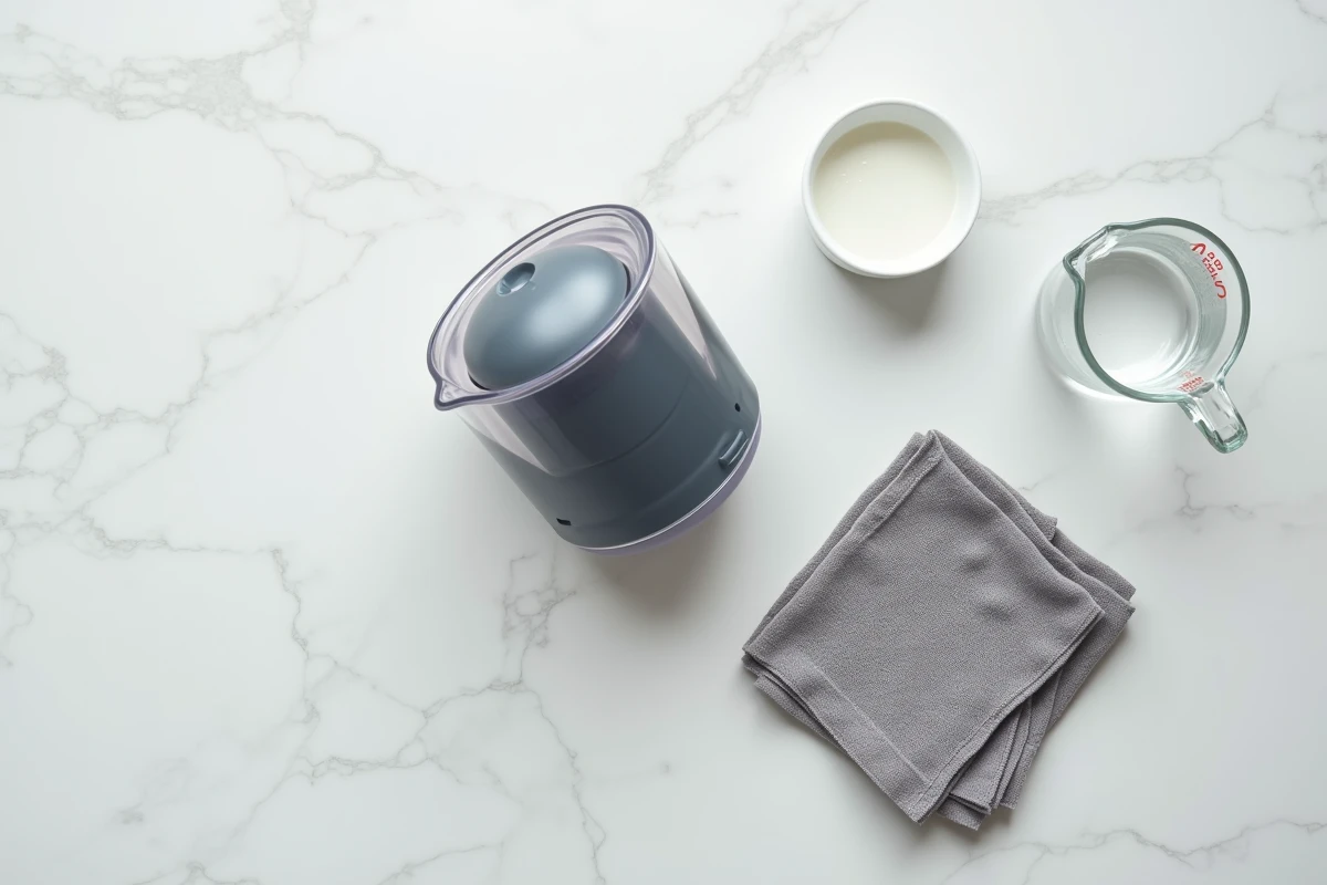 Réservoir d'eau d'une Tassimo Bosch déposé sur un plan de travail blanc avec vinaigre et chiffon microfibre pour le détartrage sans pastille