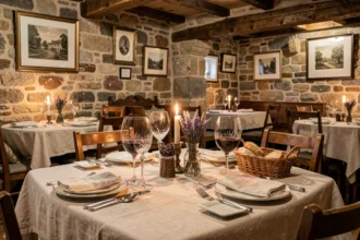 Table romantique dressée pour deux dans un restaurant normand avec pierres apparentes, couverts en porcelaine et verres de vin à la lueur des bougies