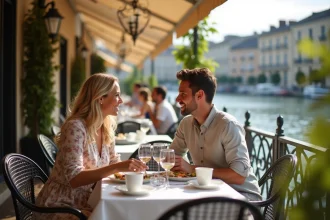 Terrasse de restaurant au bord du lac de Bordeaux avec un couple attablé savourant un repas en plein air