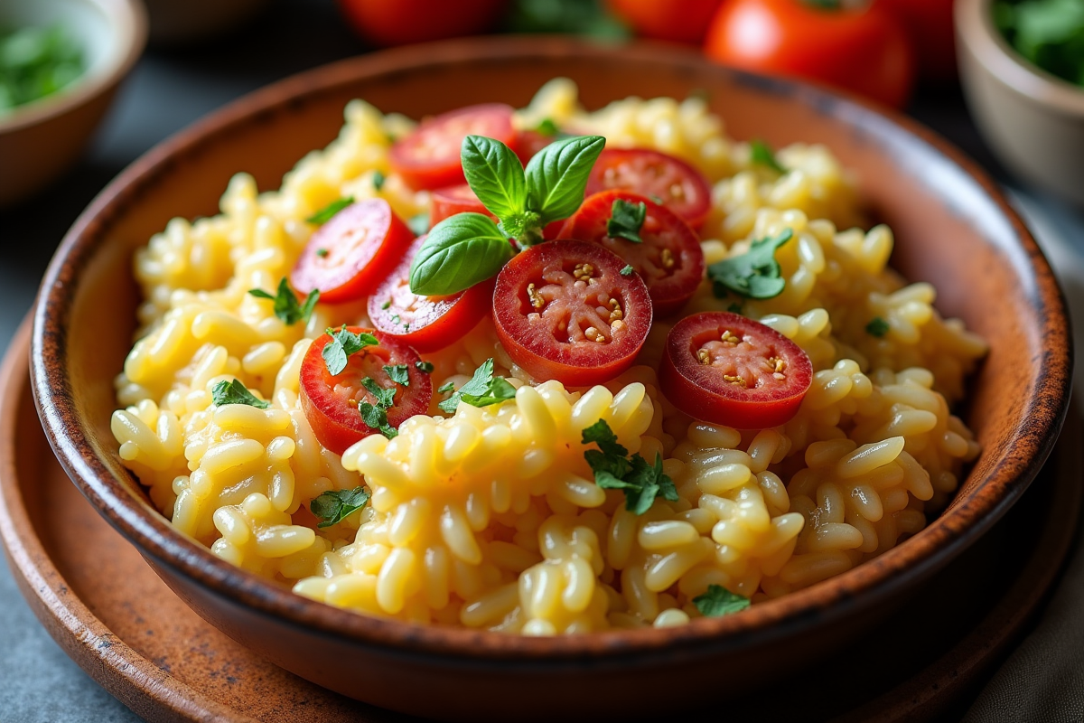 Zoom sur risotto crémeux au chorizo dans un bol rustique