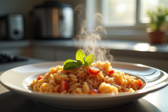 Assiette de risotto au chorizo dans une cuisine moderne