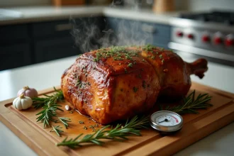 Rôti de bœuf d'un kilogramme reposant sur une planche en bois avec thermomètre à viande et romarin frais en cuisine moderne