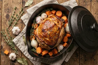 Rôti de porc doré dans une cocotte en fonte avec légumes et herbes aromatiques, style grand-mère
