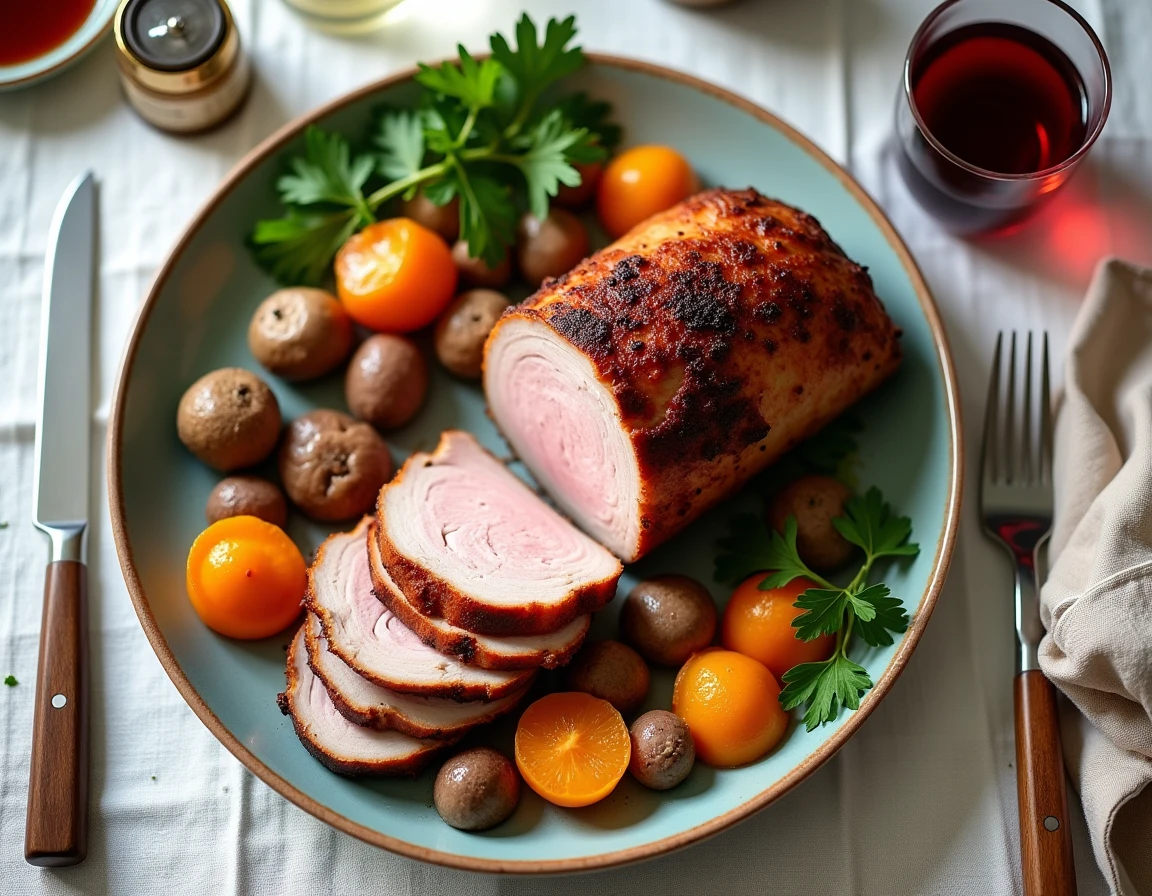 Rôti de porc tranché et présenté sur un plat de service avec légumes rôtis pour le repas du dimanche