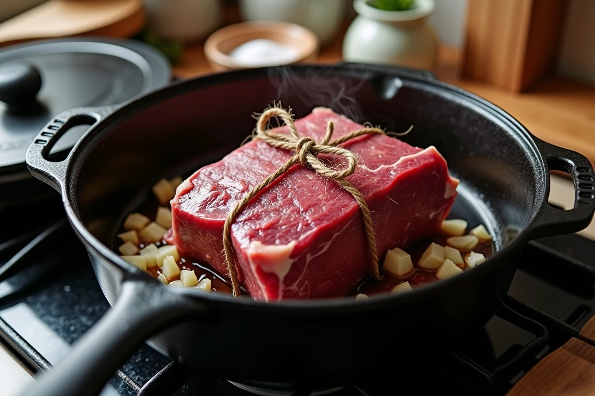 Rôti de bœuf ficelé en train de saisir dans une cocotte en fonte sur feu vif avec oignons et vin rouge