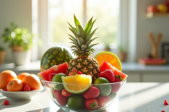 Bol de fruits frais pour detoxification sur plan de travail lumineux