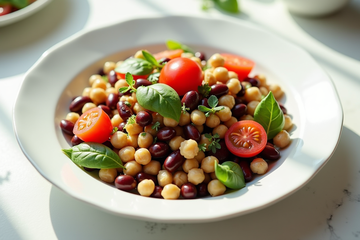 Salade colorée de legumes et haricots sur assiette blanche