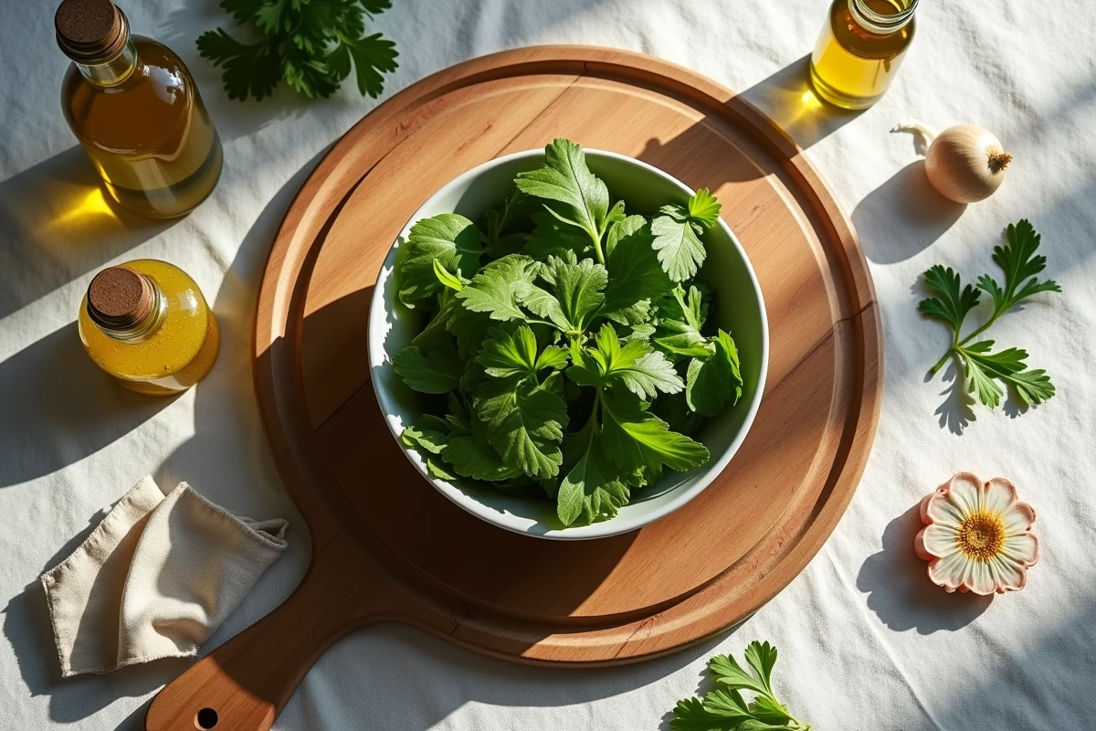 Vue aérienne d'une salade verte assaisonnée d'une vinaigrette maison saine, entourée des ingrédients bruts comme l'huile d'olive, la moutarde de Dijon et les herbes fraîches sur une table en bois