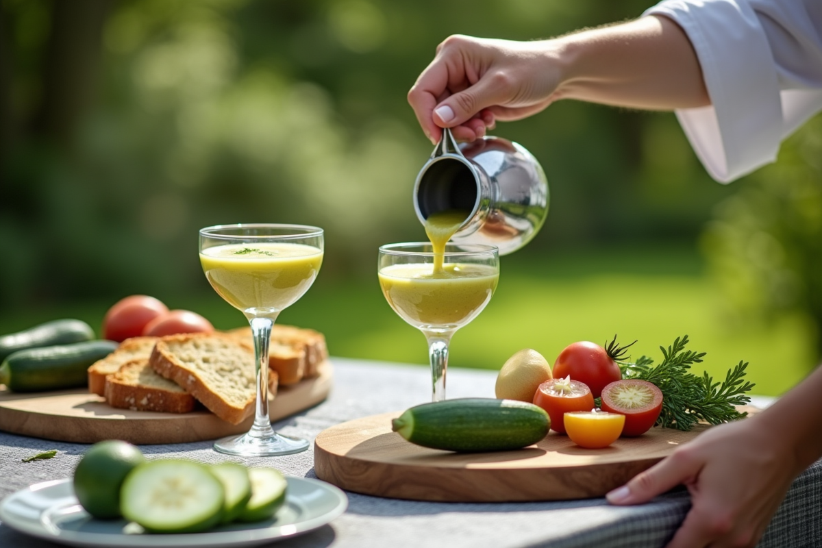 Chef versant gazpacho de courgette dans des verres en extérieur